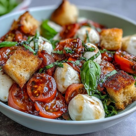 A vibrant Caprese Salad Bowl with creamy mozzarella balls, heirloom tomatoes, and fresh basil leaves drizzled with balsamic.