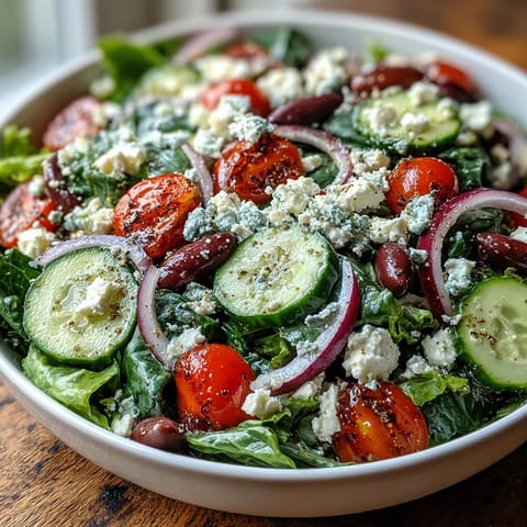 Fresh Mediterranean Green Salad Bowl with crisp spring greens, juicy tomatoes, briny olives, and crumbled feta cheese tossed in tangy Greek dressing. 