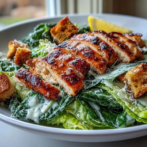 Juicy grilled chicken slices over crisp romaine for a Caesar Chicken Bowl, topped with parmesan, crunchy croutons, and creamy dressing.