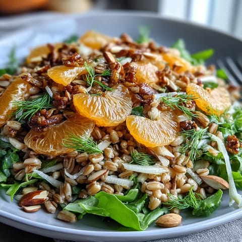 A vibrant farro salad bowl with fennel, oranges, and toasted almonds, drizzled with a zesty citrus vinaigrette.  