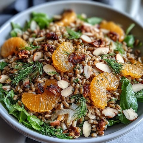 Nutty farro, crisp fennel, and juicy orange segments tossed with greens and crunchy almonds in a light dressing.  