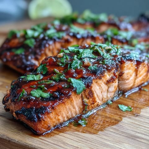 Grilled salmon fillets topped with bright strawberry salsa and fresh cilantro, a perfect light dinner for warm evenings.  