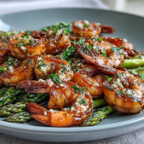 Healthy Easy One-Pan Lemon Garlic Shrimp and Asparagus with bright citrus notes and tender-crisp vegetables, roasted to perfection in a single skillet.
