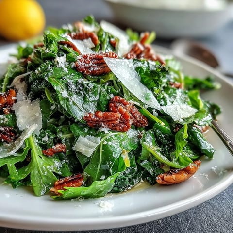 Bright arugula salad with tangy lemon dressing, shaved Parmesan, and optional toasted pine nuts for crunch.