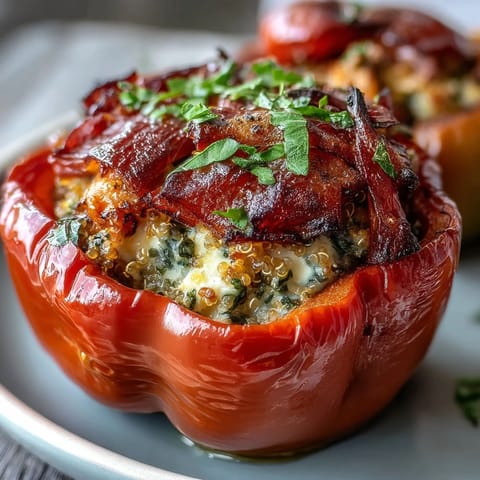 Colorful stuffed bell peppers with quinoa, fresh herbs, and vegetables, baked until tender for a wholesome Mediterranean dinner.