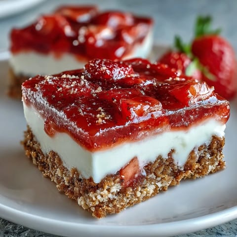 Bright pink strawberry lemonade bars with buttery shortbread crust, dusted with powdered sugar, perfect for summer parties and picnics.