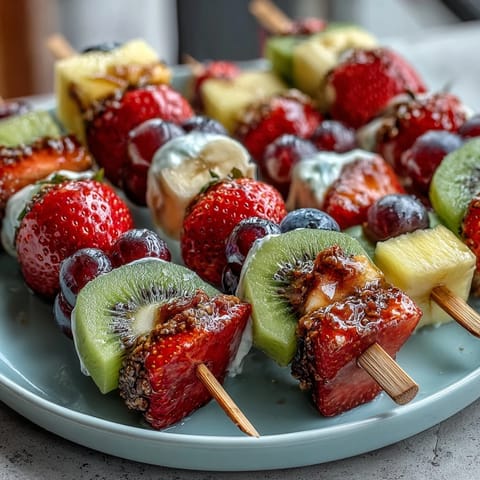 Fun Kid Lunch Bento Box with Fruit Skewers and Dip featuring colorful strawberry and kiwi skewers, creamy vanilla yogurt dip, and playful mini sandwiches—perfect for school lunches.