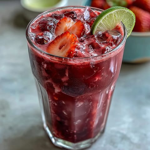 Vibrant dragon fruit and coconut milk refresher with fresh strawberries, a tropical and creamy vegan drink.