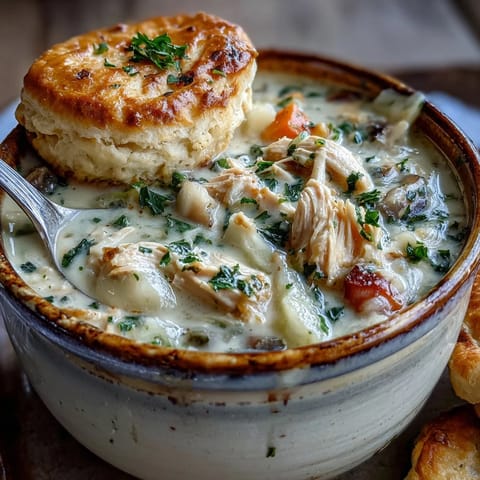 Slow Cooker Chicken Pot Pie Soup in a creamy, hearty bowl with tender chicken and vegetables.