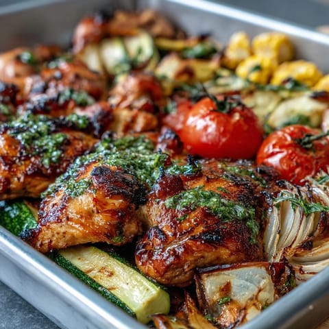 Sheet Pan Chicken with Zucchini and Corn, roasted to golden perfection with juicy chicken and vibrant summer vegetables.