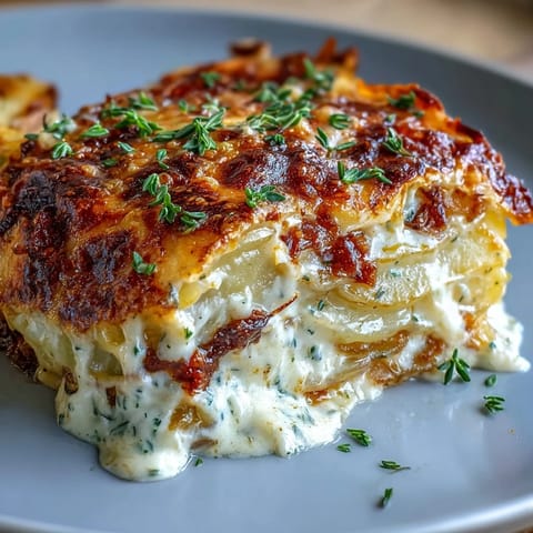 Creamy scalloped potatoes with Gruyere, baked until golden and bubbling with a rich garlic cream sauce.  