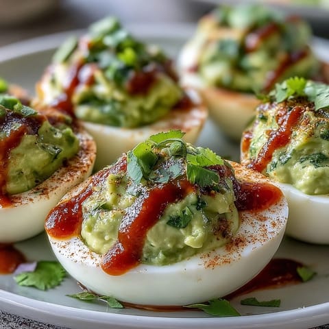 Vibrant green avocado filling replaces mayo in these deviled eggs, finished with a bold Sriracha kick.