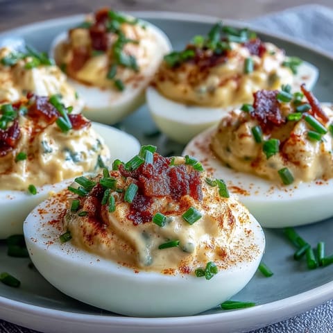 Classic deviled eggs with paprika and chives, creamy yolk filling piped into halved egg whites and dusted with smoky paprika.  
