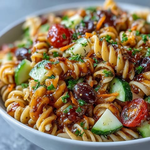 Colorful Memorial Day Pasta Salad with zesty Italian dressing and crisp veggies.