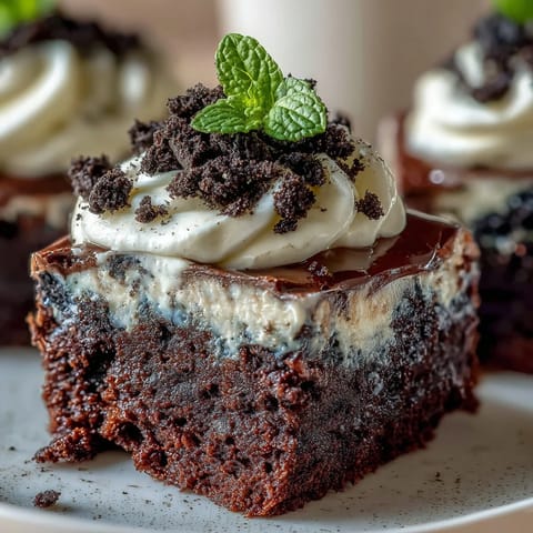 Decadent chocolate brownies crowned with cream and Oreo soil in mini pots.