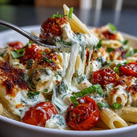 Vibrant Mediterranean pasta featuring melted feta, sweet tomatoes, and aromatic basil.