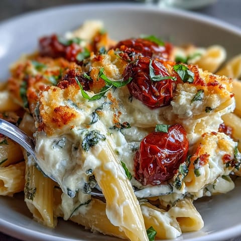 Creamy baked feta pasta with bursting roasted cherry tomatoes and fresh basil.