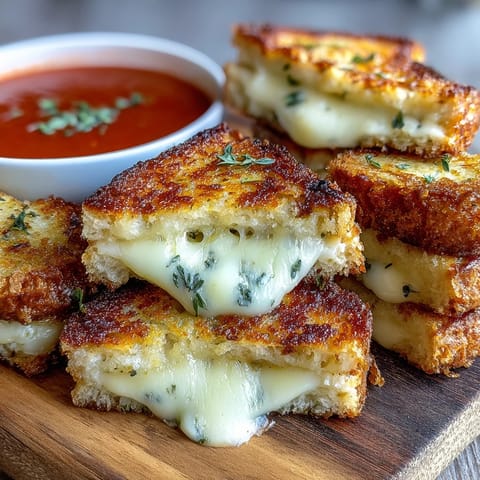 Golden mini grilled cheese dippers alongside steaming tomato soup bowls.