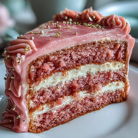 Luscious rosé velvet cake, sumptuously frosted, boasting an elegant edible gold drip.