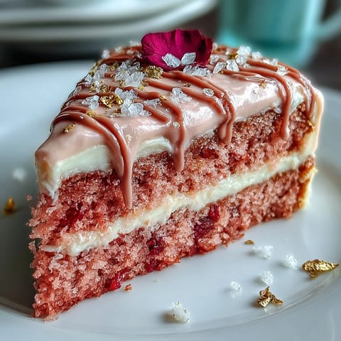 Elegant Rosé Velvet Cake with shimmering gold drip, perfect for celebrations.