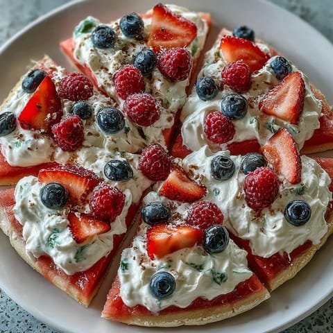 Festive 4th of July Watermelon Pizza topped with colorful berries and fluffy cream.