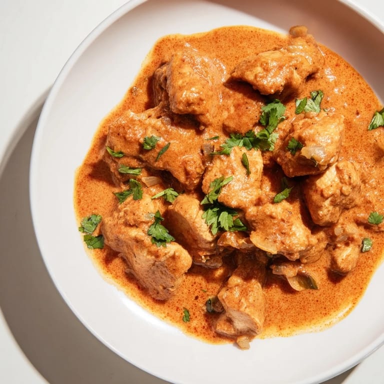 A close-up shot of homemade Chicken Tikka Masala, showcasing a vibrant spiced tomato sauce with chicken.