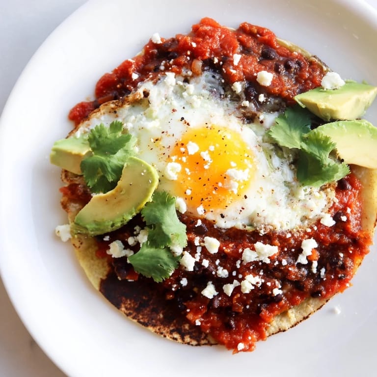 Delicious Huevos Rancheros, a hearty Mexican breakfast with a generous topping of black beans and fresh garnishes.