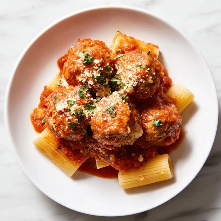 Close-up shot shows oven-baked turkey meatballs with herbs, alongside tomato sauce and pasta.