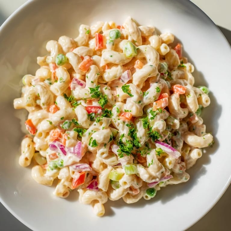 Cold and refreshing macaroni salad, the perfect side dish for summer picnics and barbecues.