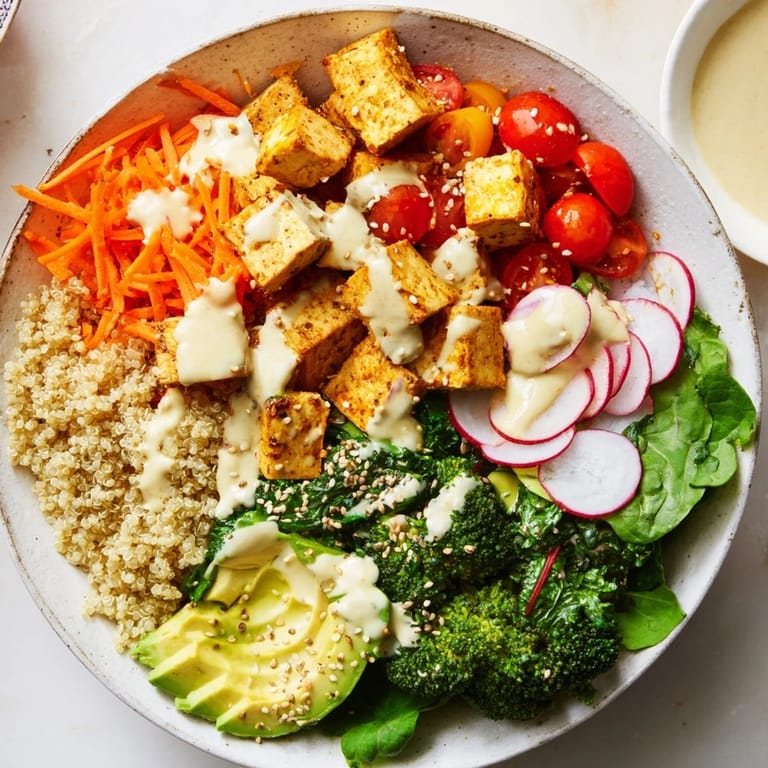 Vibrant Buddha Bowl: imagine fluffy quinoa, tender tofu, and a creamy tahini dressing over crisp vegetables.