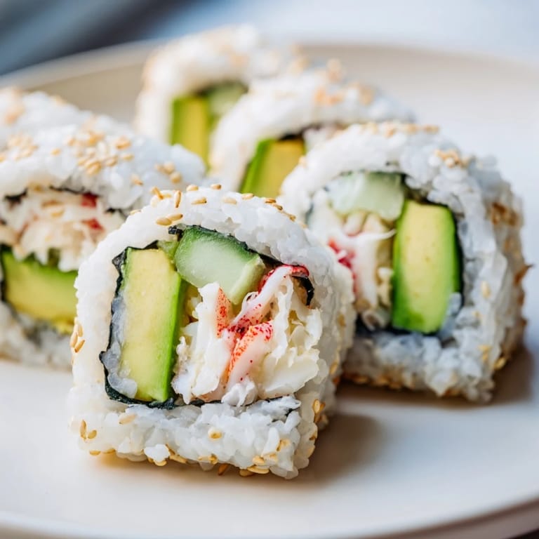 Freshly made California roll, sliced and ready to serve with soy sauce and wasabi.