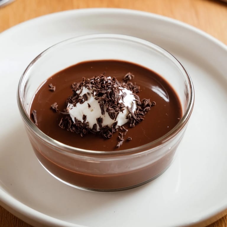 Rich dark chocolate pudding, boasting a luscious creamy texture, ideal for an after-dinner delight.
