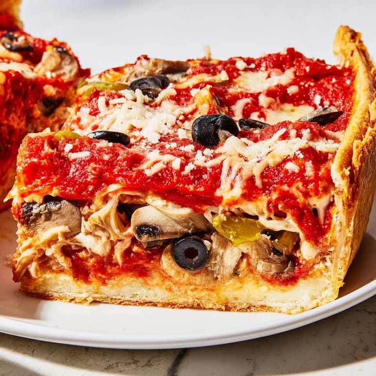 A freshly baked, Chicago-style Deep Dish Pizza featuring a thick crust and robust tomato sauce.