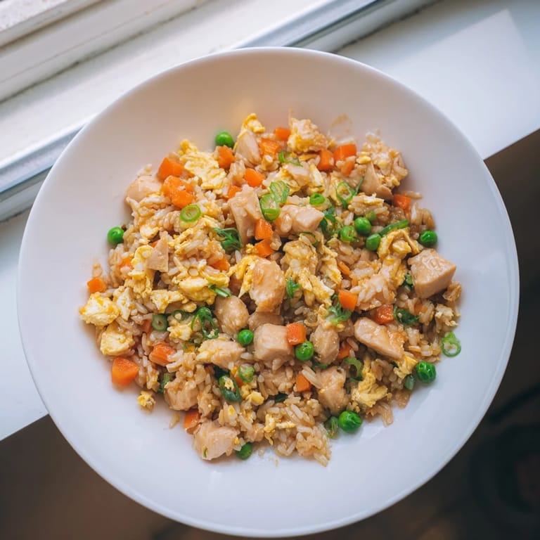 A visually appealing, hot plate of Chicken Fried Rice, with fresh spring onion garnish adding flavor.