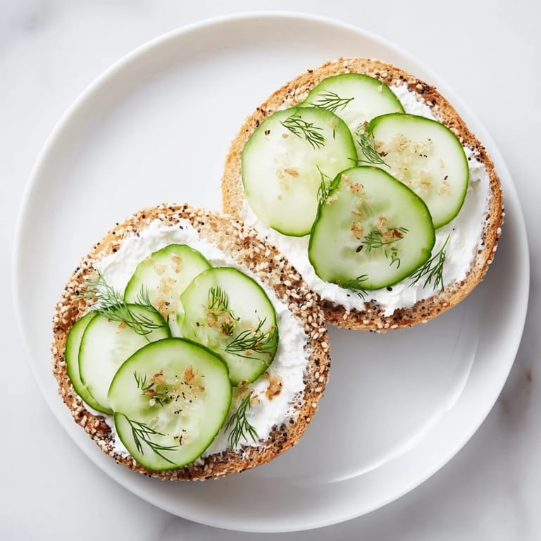 Warm bagel with cream cheese, invitingly soft, contrasted by crisp cucumbers, a visually appealing plate.