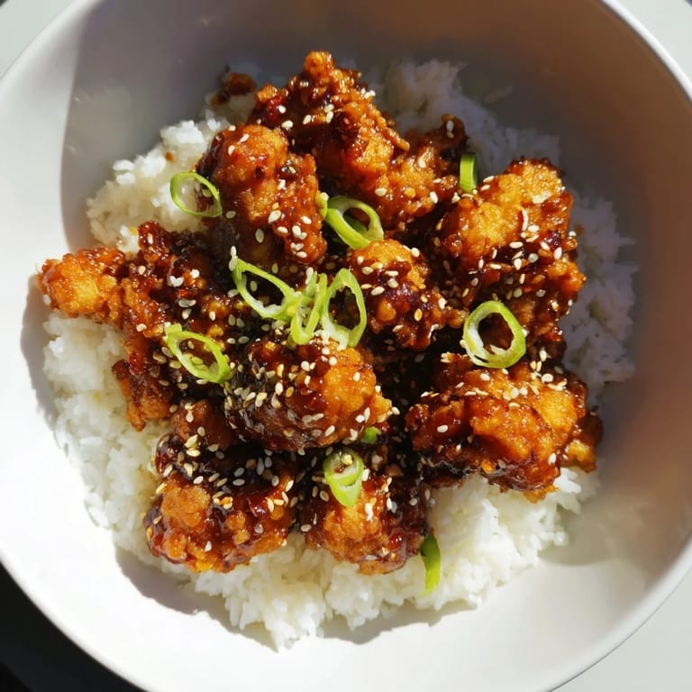 Crispy fried chicken coated in flavorful General Tso's sauce, creating a perfect Chinese-American meal.