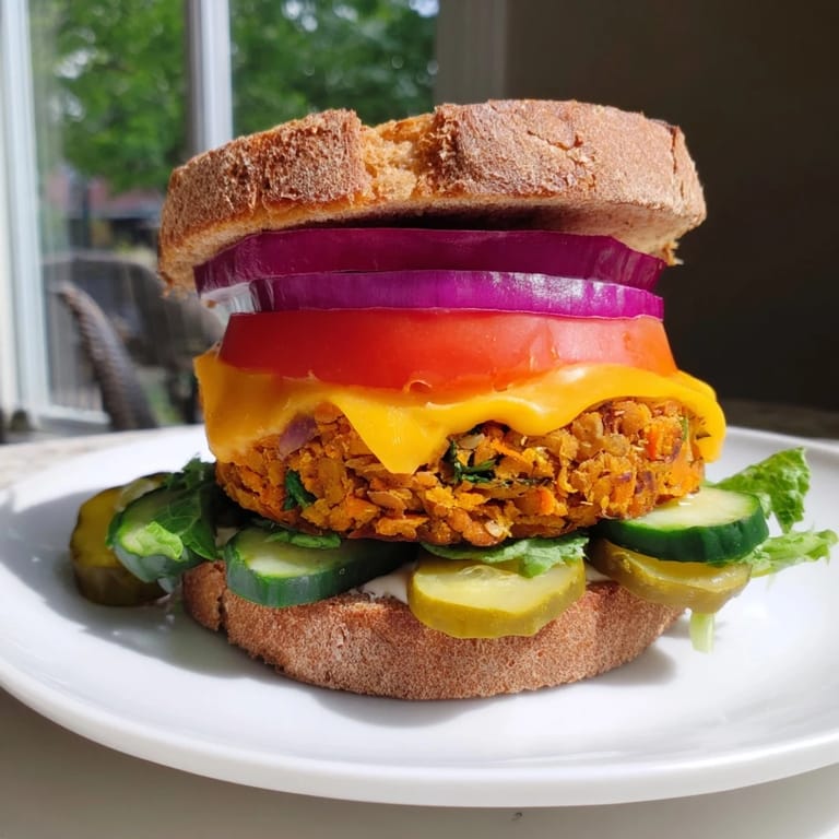 Juicy veggie burger, layered with cheese and fresh tomatoes, a delicious vegetarian meal.