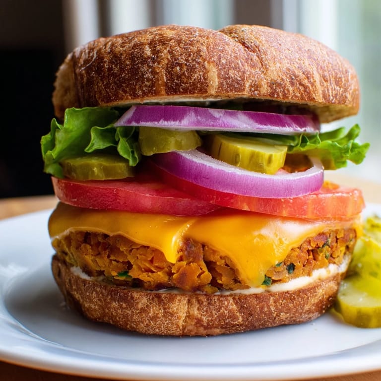 Close-up of a flavorful veggie burger, showcasing the patty's texture next to crisp lettuce.