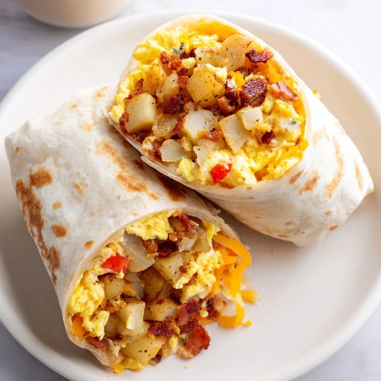 Golden, fully-loaded Breakfast Burrito, delicious ingredients wrapped in a warm flour tortilla.