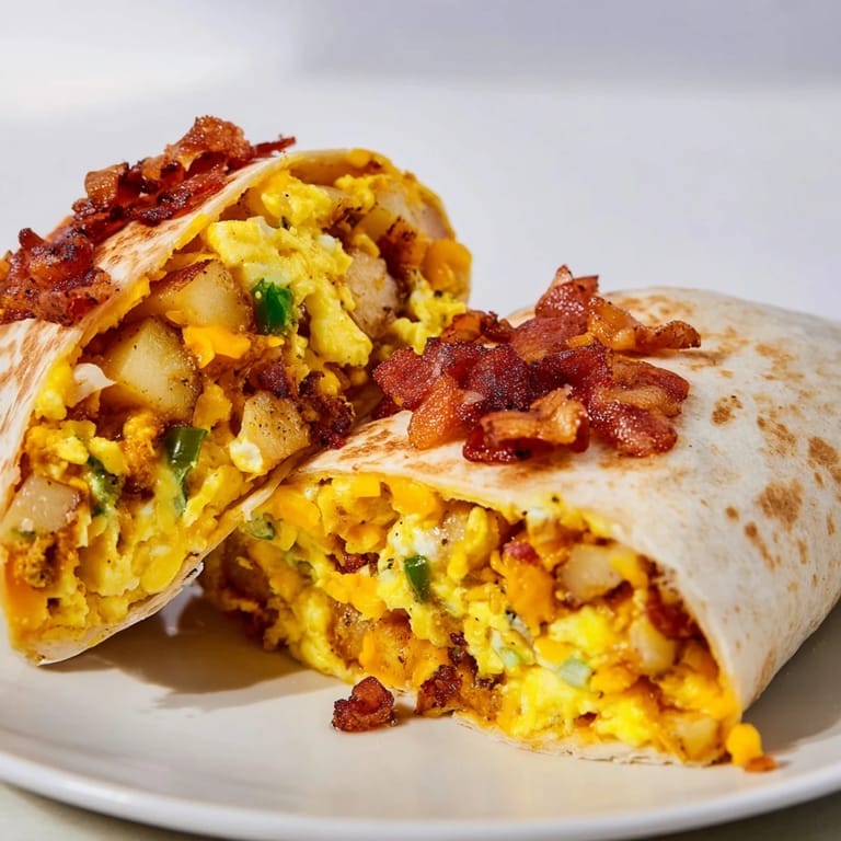 A close-up of a flavorful Breakfast Burrito, perfectly toasted and ready to enjoy with salsa.