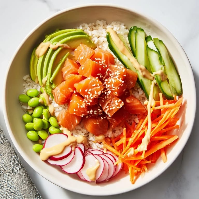 Close-up of a delightful poke bowl, showcasing the sushi rice and beautifully arranged ingredients within.