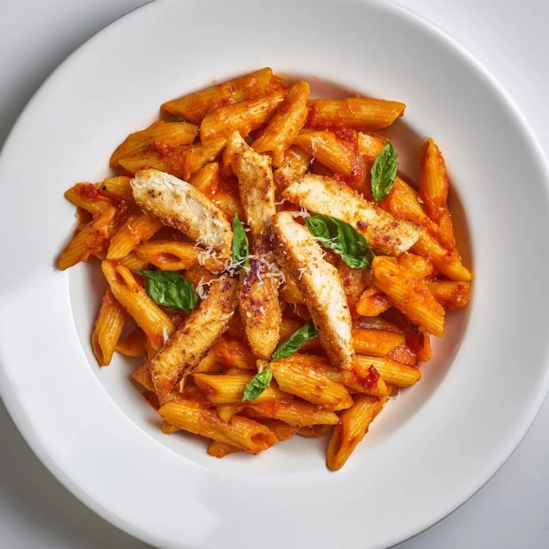 Sizzling chicken strips and penne tossed in a vibrant chili-infused spicy tomato chicken pasta sauce.