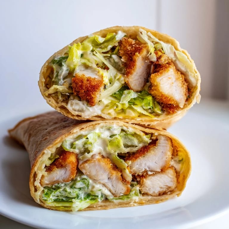 Crispy Chicken Caesar Wrap on a white plate with lemon wedges, a fork, and fresh herbs nearby.  