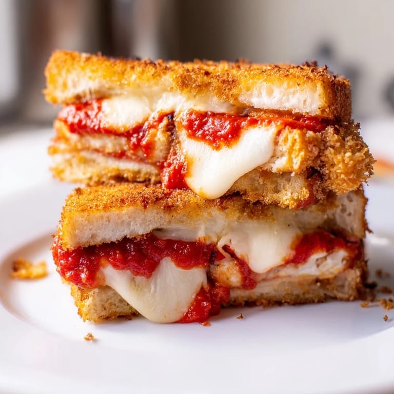 A rustic wood table holds a halved Chicken Parm Grilled Cheese, with fresh basil leaves and a small ramekin of extra marinara sauce nearby.