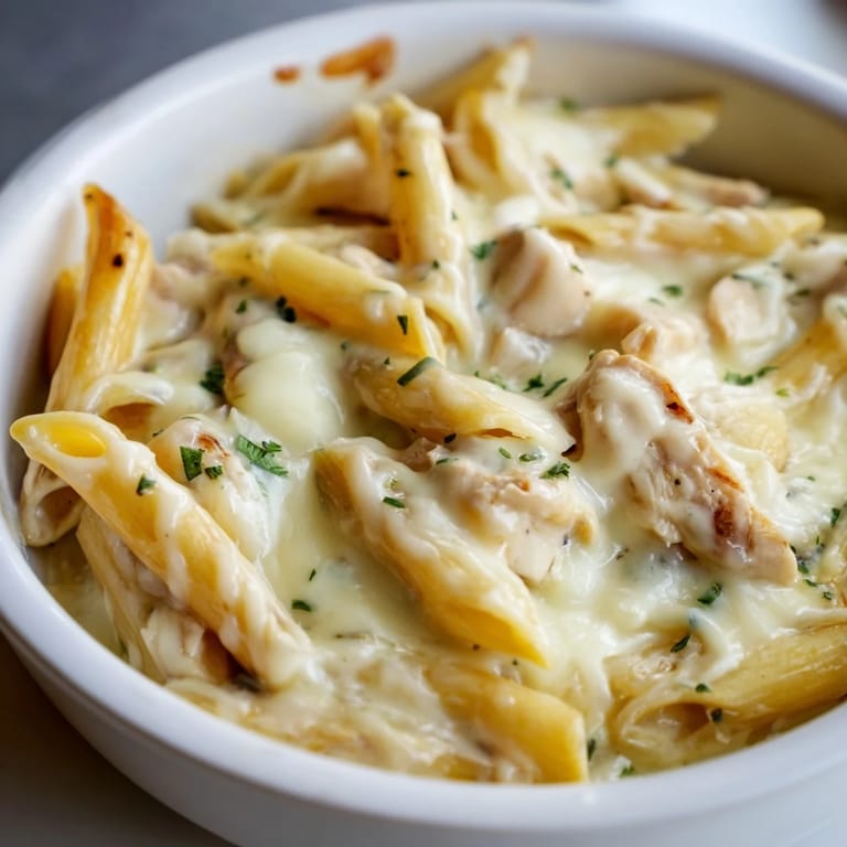 Close-up of Chicken Ranch Pasta Bake, showcasing golden, baked cheese crust and saucy penne pasta with tender chicken, perfect for an easy weeknight dinner.