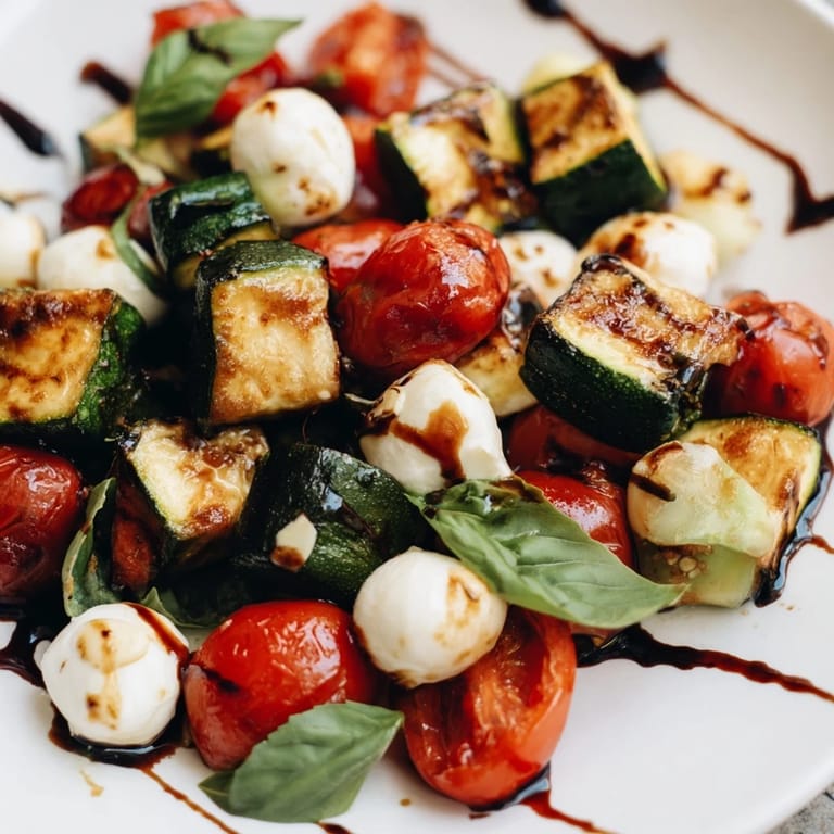 A vibrant vegetarian roasted veggie caprese salad drizzled with balsamic glaze, served warm or at room temperature as a light lunch or side.