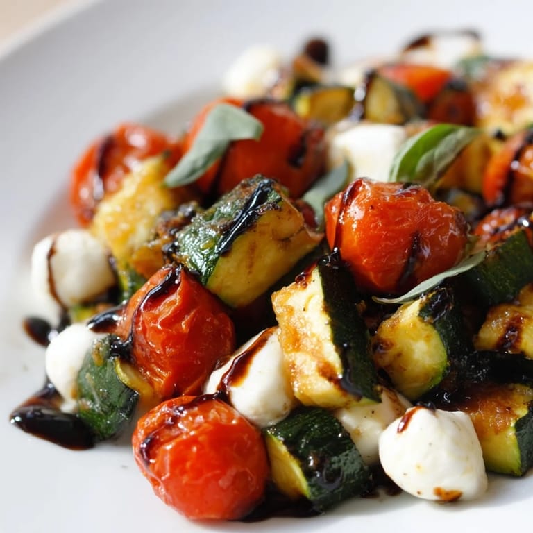 Savory roasted veggie caprese salad featuring golden caramelized vegetables, mozzarella pearls, and a sweet-tangy balsamic drizzle on a white serving platter.