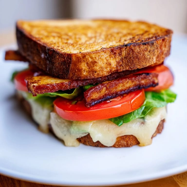 A close-up of a warm, plant-based Vegan Bacon BLT Grilled Cheese oozing melted vegan cheese and layered with crisp greens and ripe tomato.
