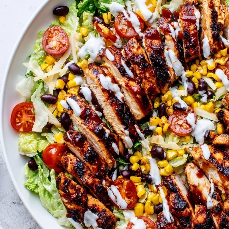 A hearty BBQ Chicken Salad bowl with juicy grilled chicken, avocado, tomatoes, and smoky ranch dressing.