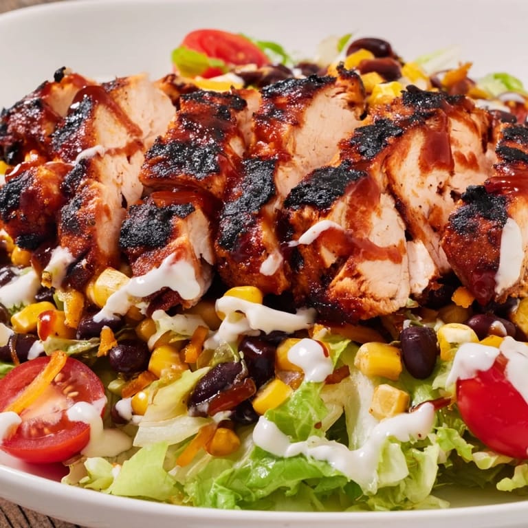Vibrant BBQ Chicken Salad with BBQ chicken, corn, black beans, and cheddar on crunchy romaine lettuce.